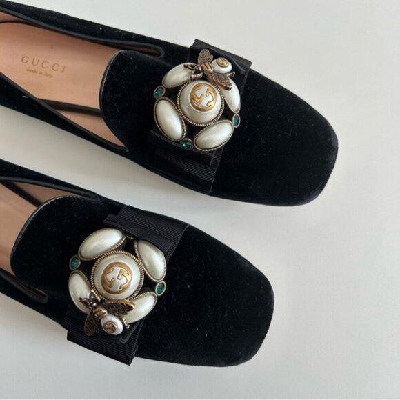 GUCCI Étoile Faux Pearl Embellished Velvelt Black Loafers sz 37 - Picture 7 of 12
